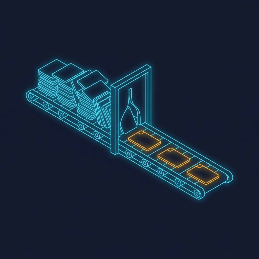 Isometric illustration of marketing assets moving through an approval queue