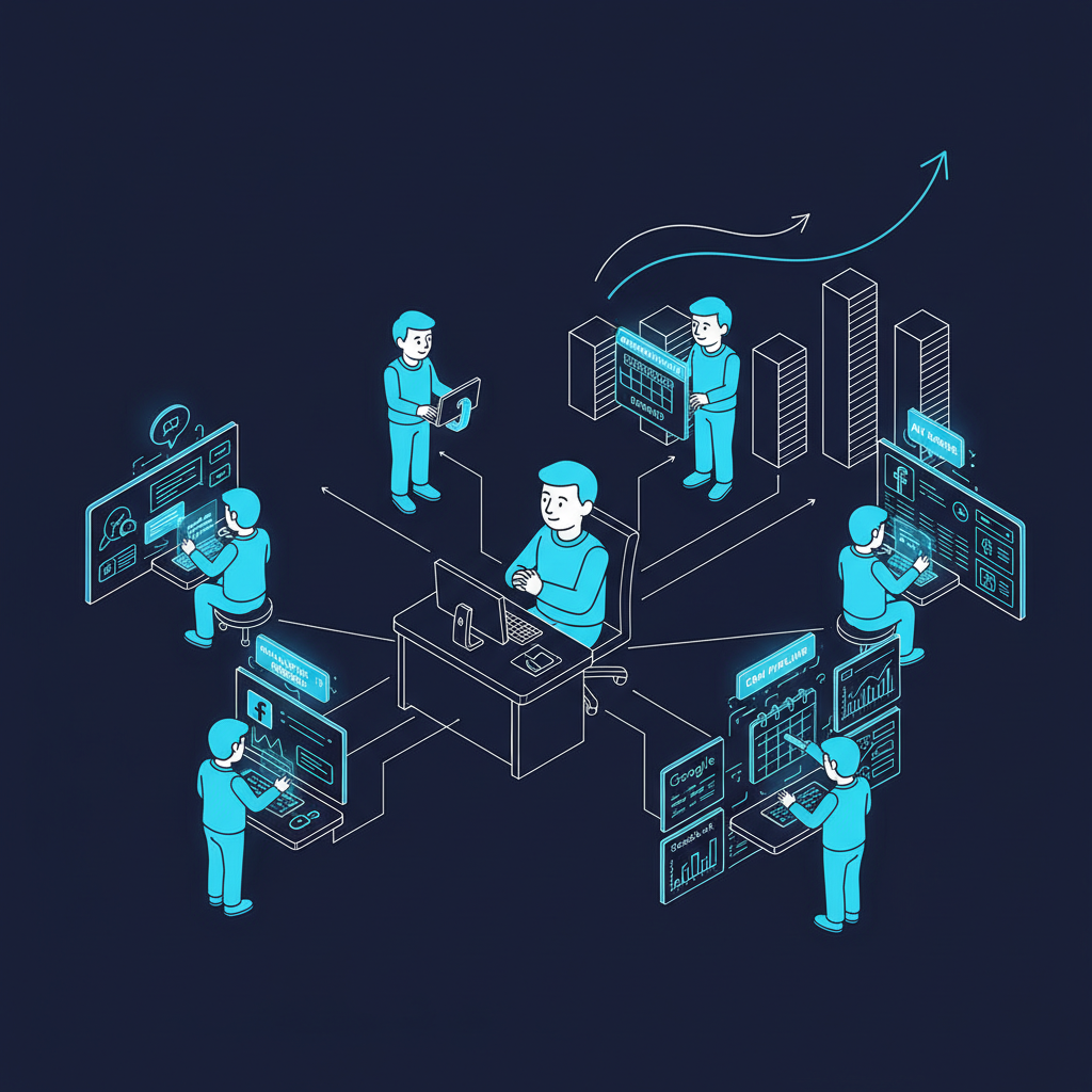 Isometric illustration of one advisor multiplied by AI handling many tasks