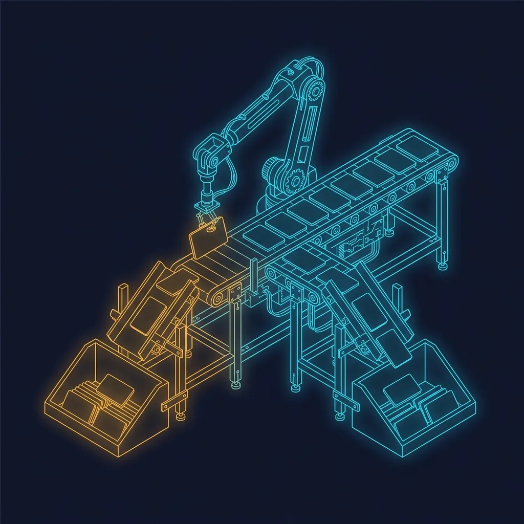 Isometric illustration of ad headline cards being sorted into approved and revised piles