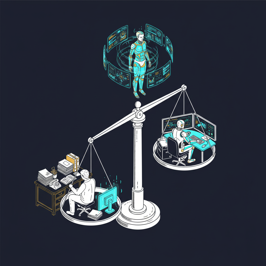 Isometric illustration of a balance scale showing human-AI balance