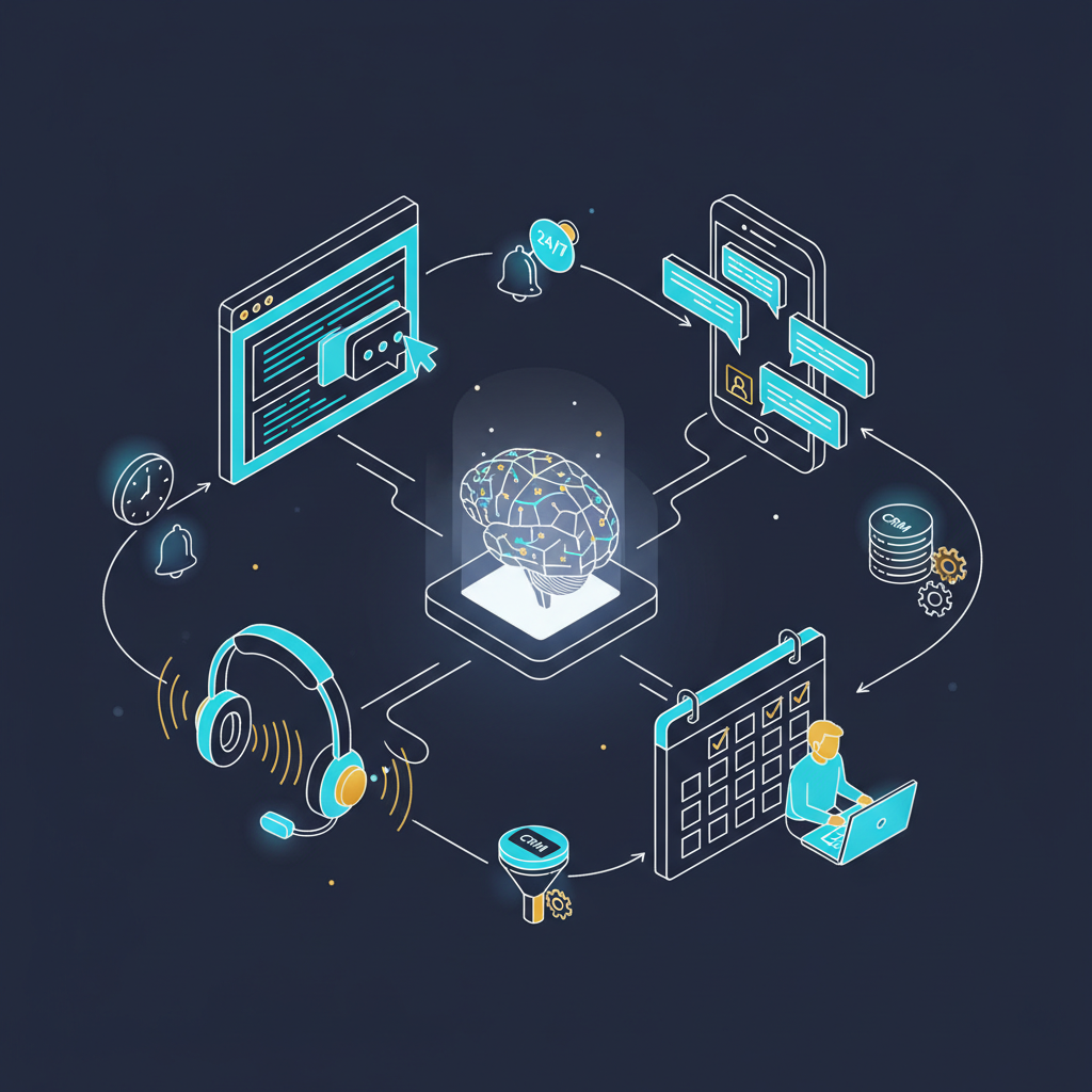 Isometric illustration of AI brain connecting chat, text, voice, and calendar booking channels