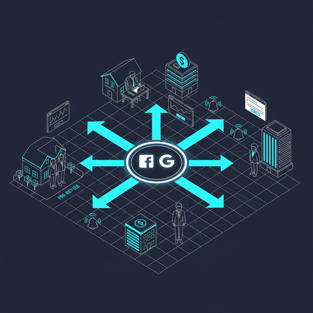 Isometric illustration of ad campaigns radiating from a central hub to reach qualified financial prospects