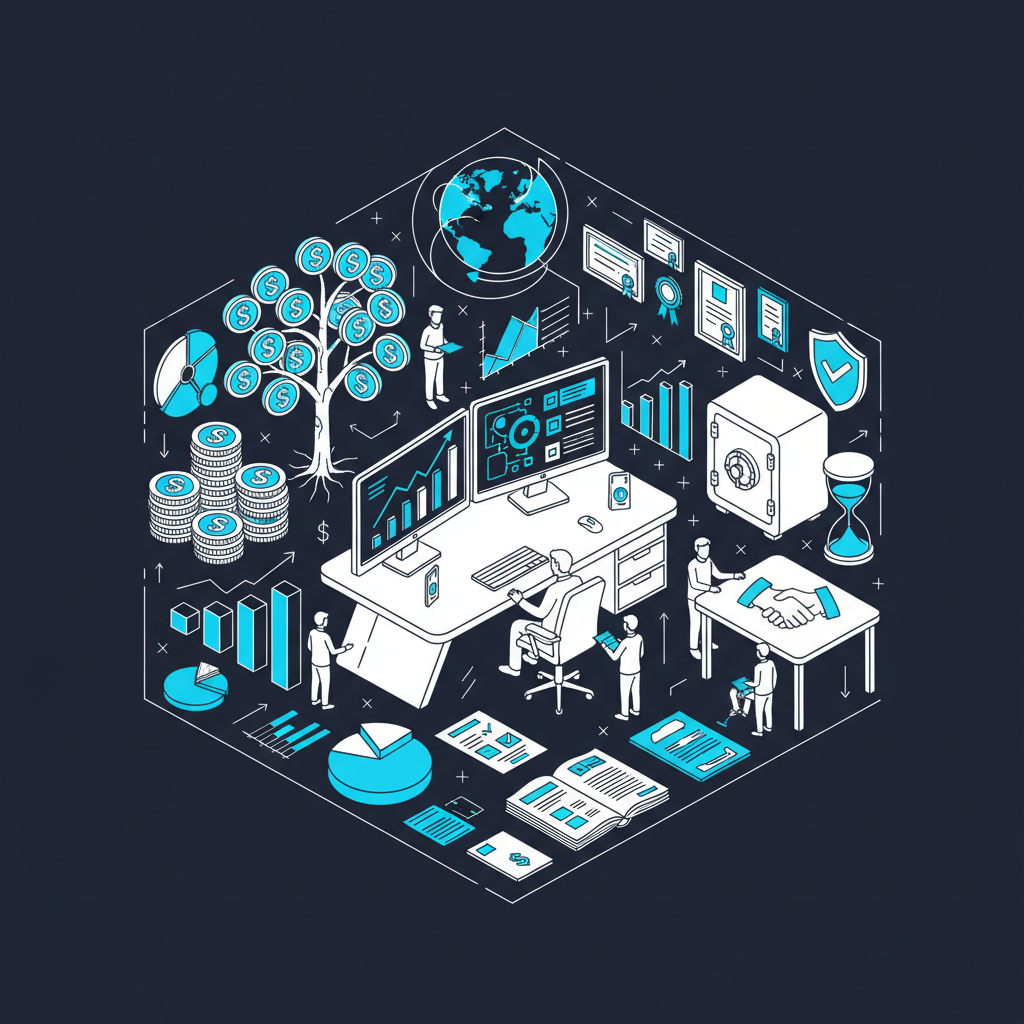 Isometric illustration of a financial advisor workspace with wealth management dashboards, charts, and client meeting elements