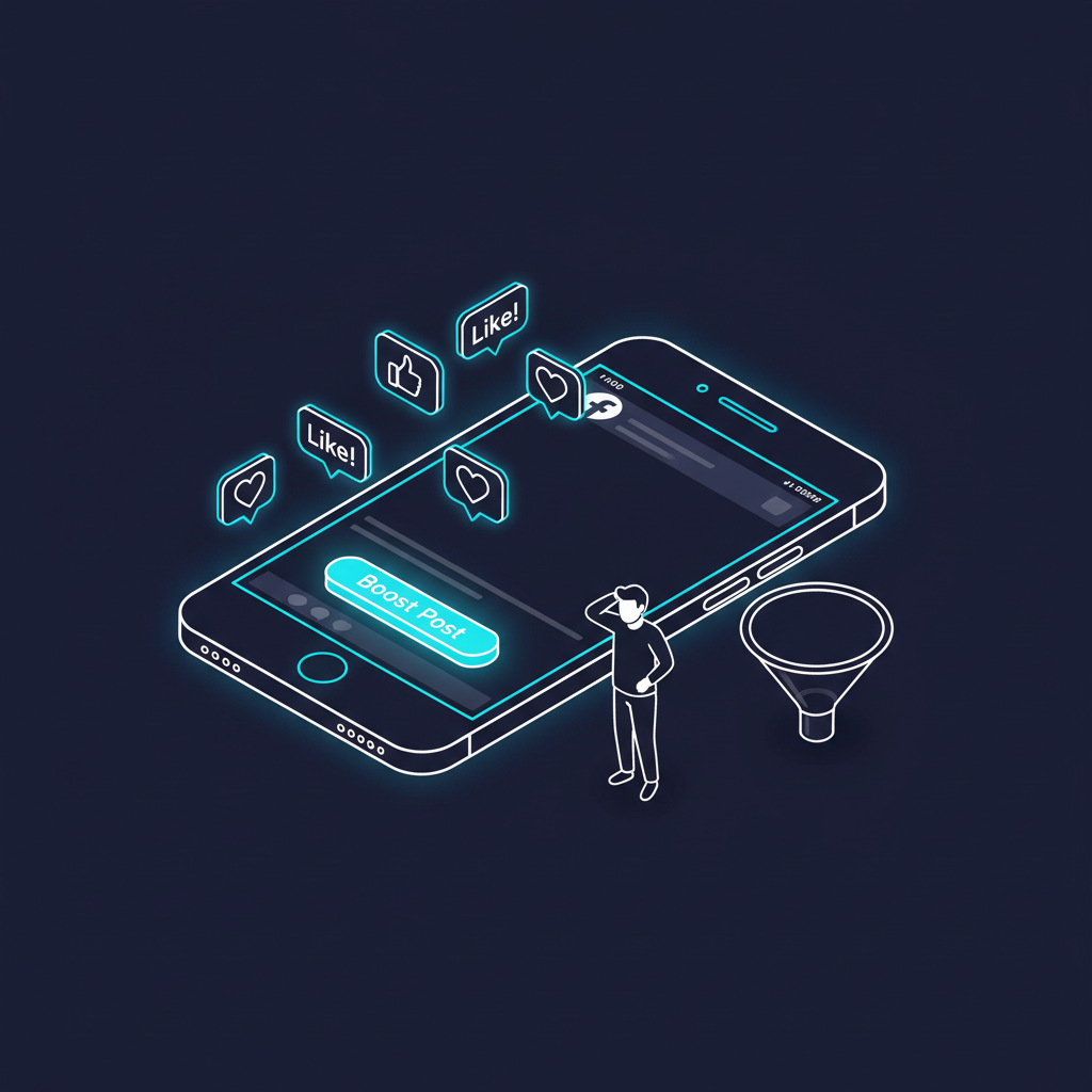 Phone showing Boost Post button with likes floating around but empty lead funnel