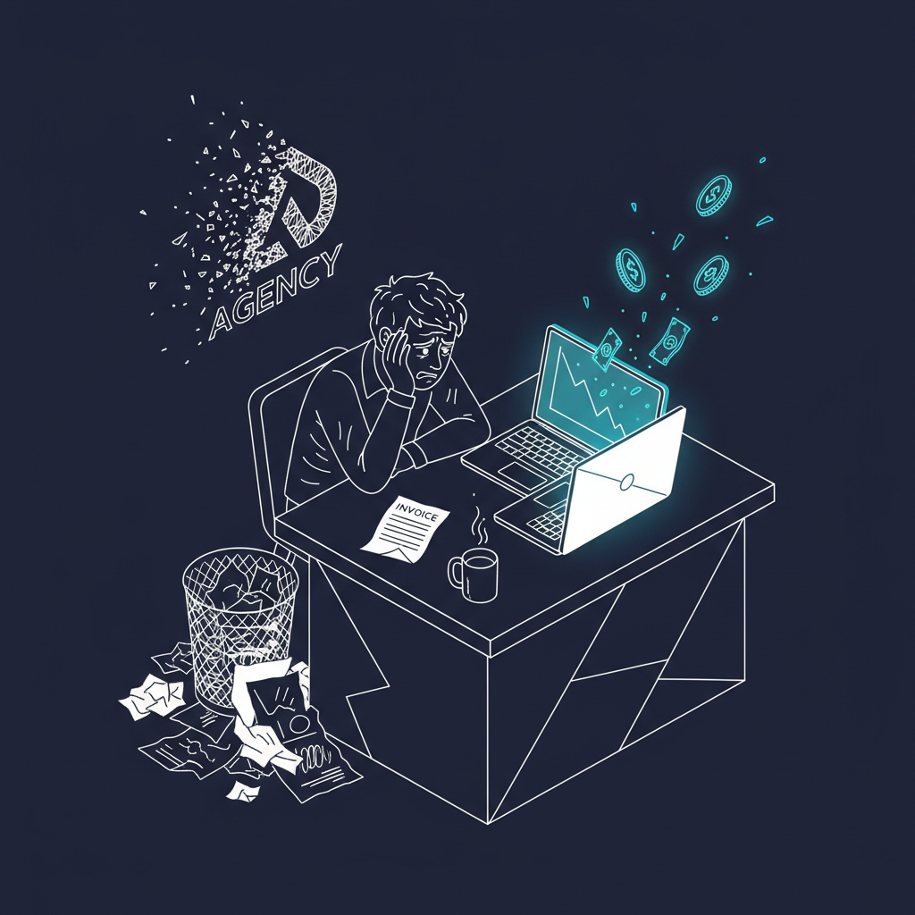 Frustrated advisor watching money fly away from laptop with fading agency logo