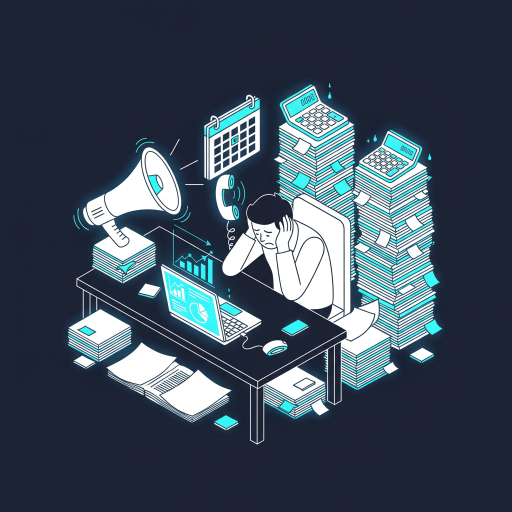 Overwhelmed advisor juggling marketing, phones, paperwork, and admin tasks