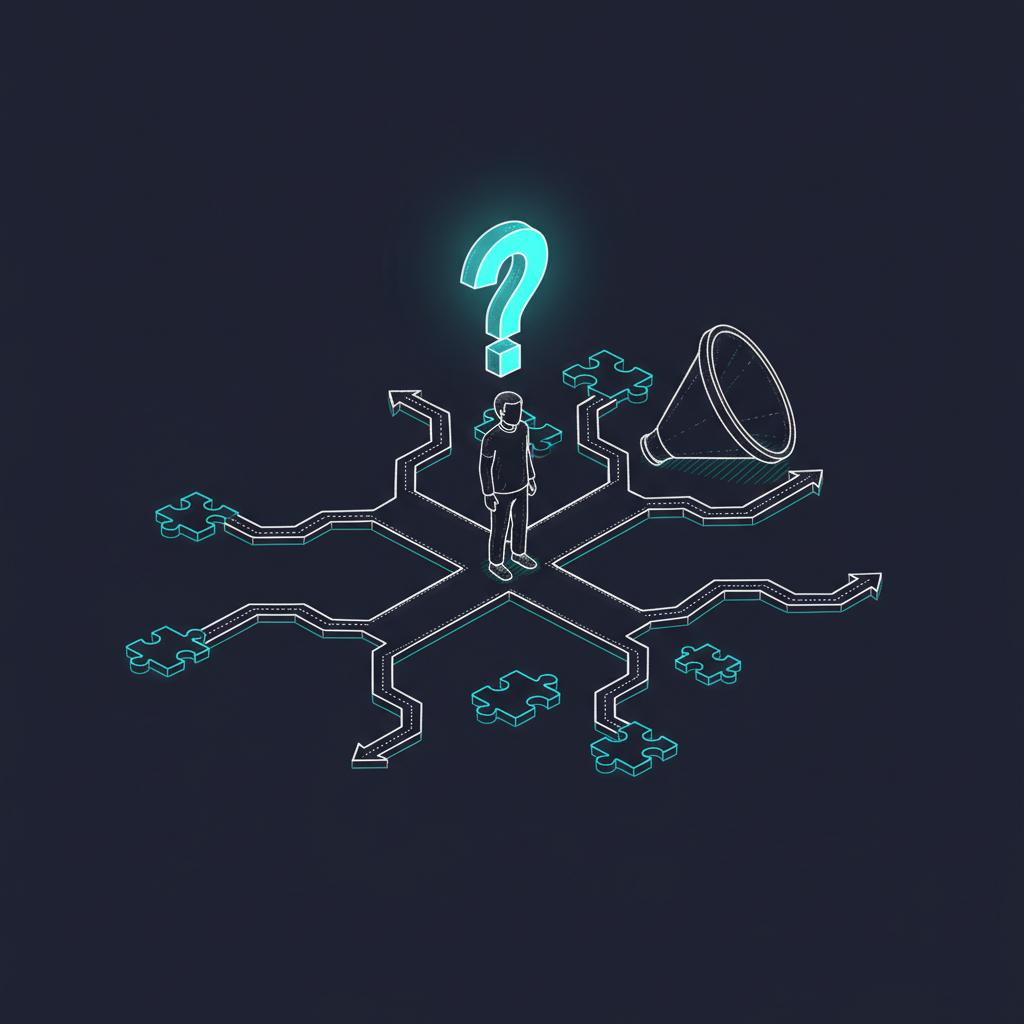 Person at a crossroads with scattered puzzle pieces and empty pipeline funnel