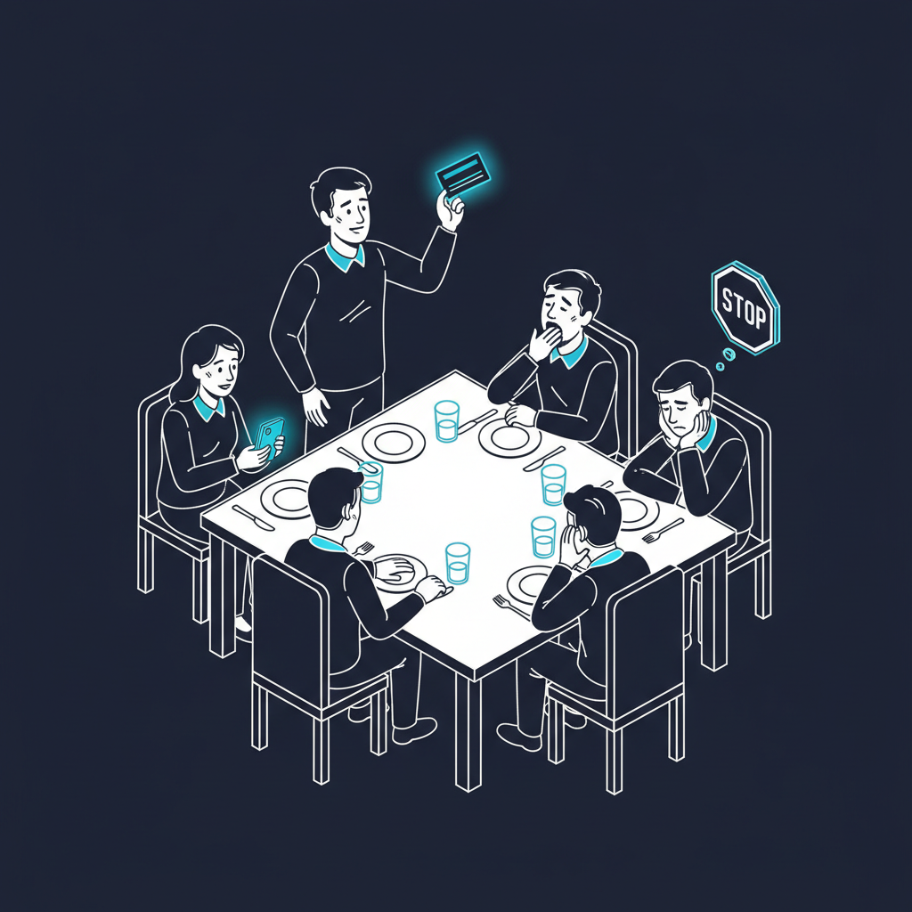 Person pitching business card to disinterested friends at dinner table